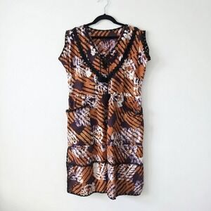 Vintage Boho Tropical Batik Print Dress with Pockets & Crochet Trim XL